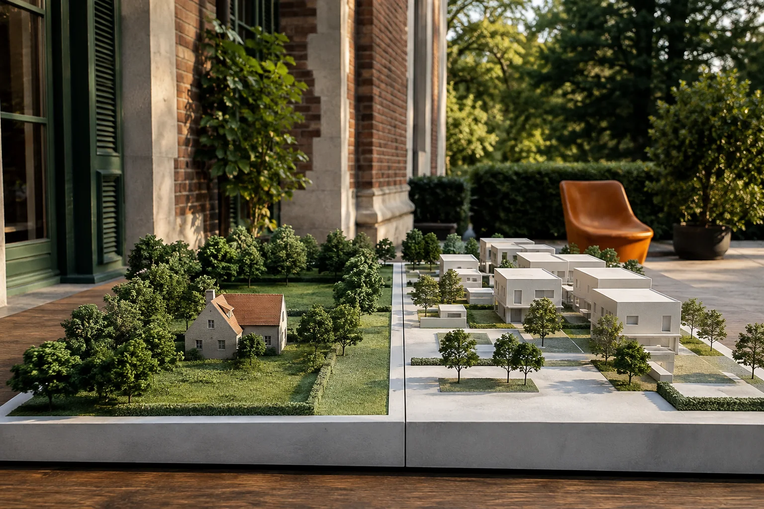KI-Symbolbild: zwei Architekturmodelle mit unterschiedlicher Bebauungsdichte