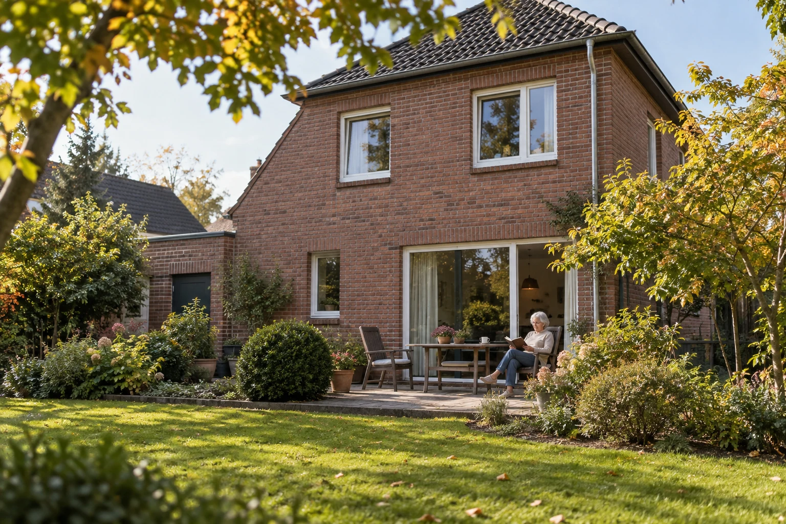 Gepflegtes Wohnhaus mit Garten und eine ältere Bewohnerin auf der Terrasse.