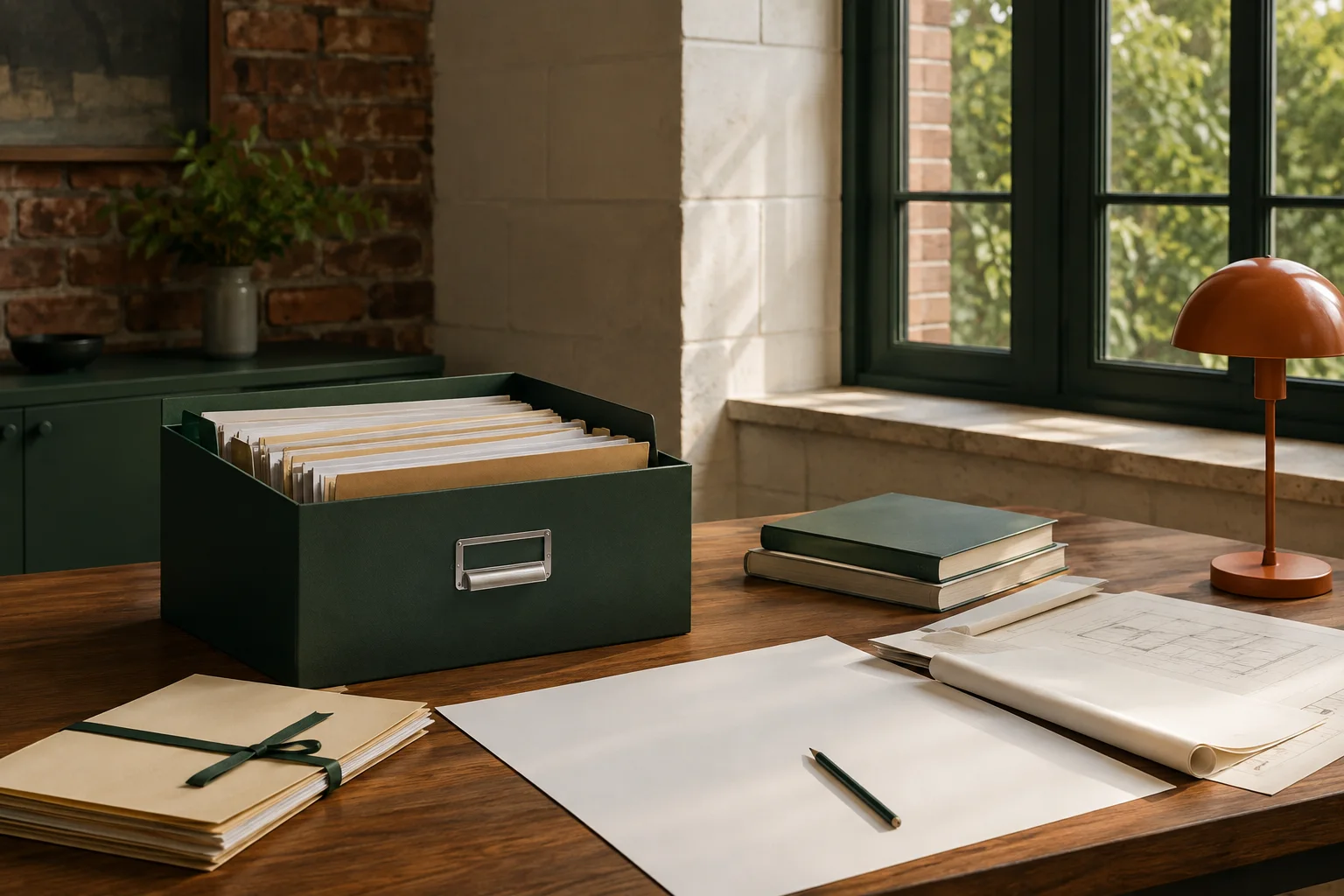 Archivbox mit Mappen, gebündelte Unterlagen und aufgerollte Pläne auf einem Holztisch